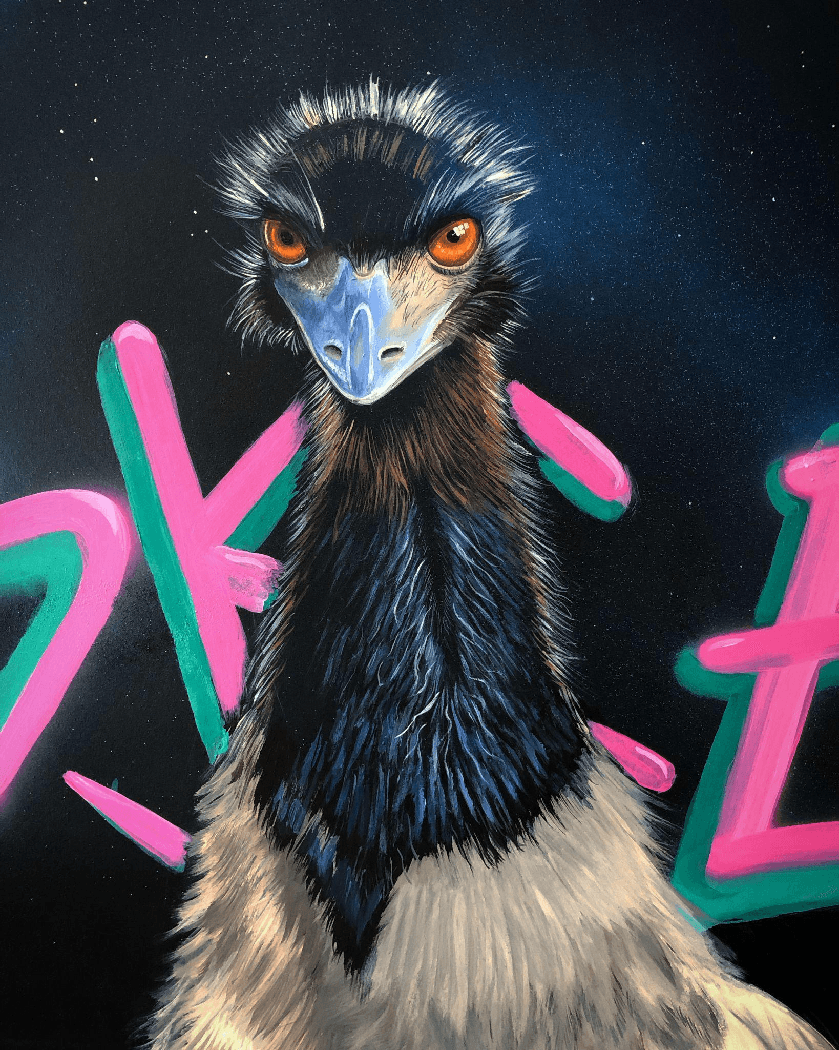 Portrait of an emu with pink and teal neon lettering