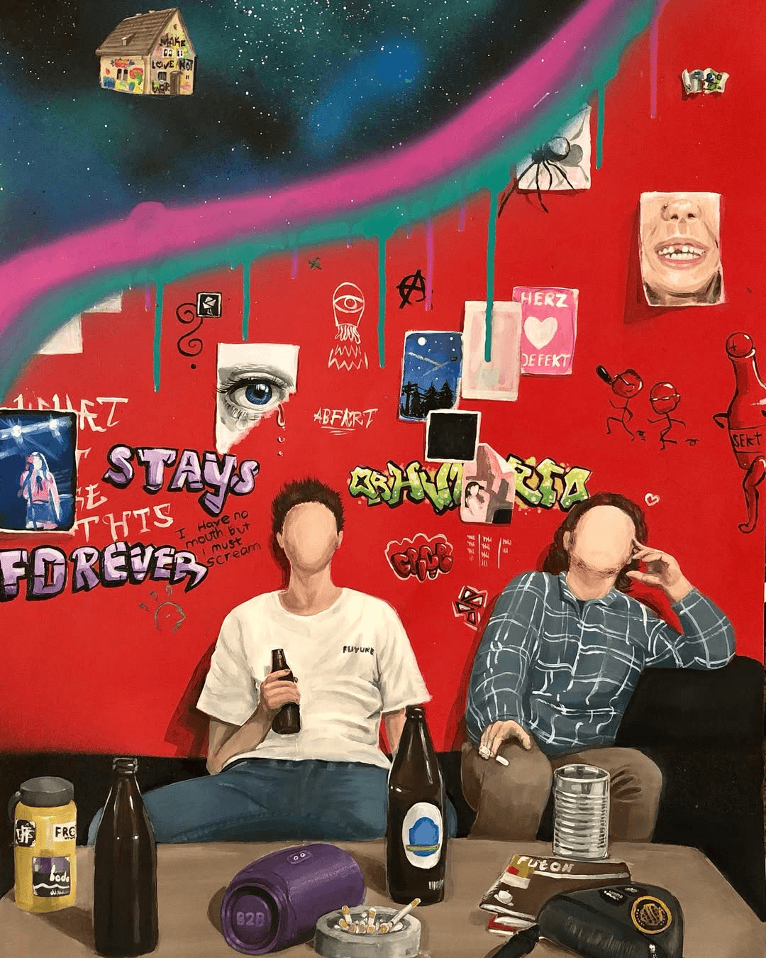 Red wall painting with two figures, the words "Forever stays this" and graffiti elements