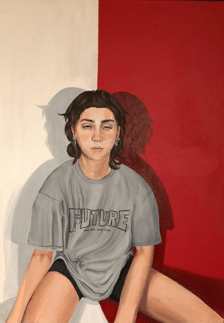 Portrait of a figure wearing a "FUTURE" shirt against a red-and-white wall