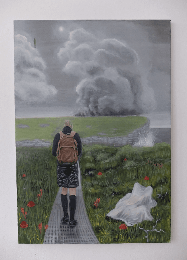 Figure with backpack facing a looming cloud over Dharawal country