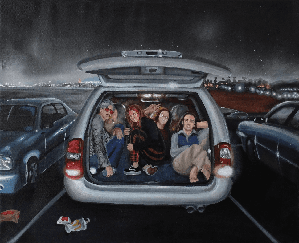 Friends in the trunk of a car, Wollongong at night